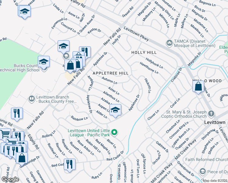 map of restaurants, bars, coffee shops, grocery stores, and more near 47 Aster Lane in Levittown