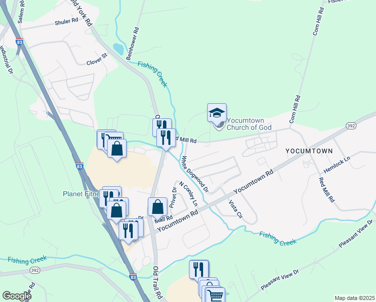 map of restaurants, bars, coffee shops, grocery stores, and more near 251 White Dogwood Drive in Etters