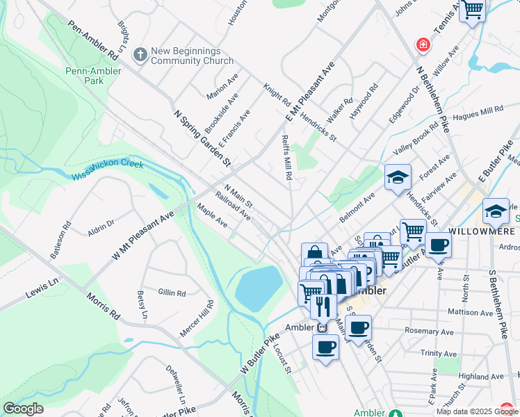 map of restaurants, bars, coffee shops, grocery stores, and more near 229 North Main Street in Ambler