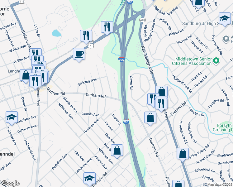 map of restaurants, bars, coffee shops, grocery stores, and more near 598 Gables Court in Langhorne