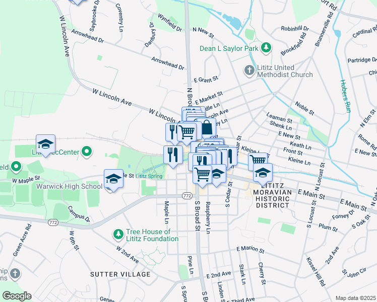 map of restaurants, bars, coffee shops, grocery stores, and more near 18 North Broad Street in Lititz