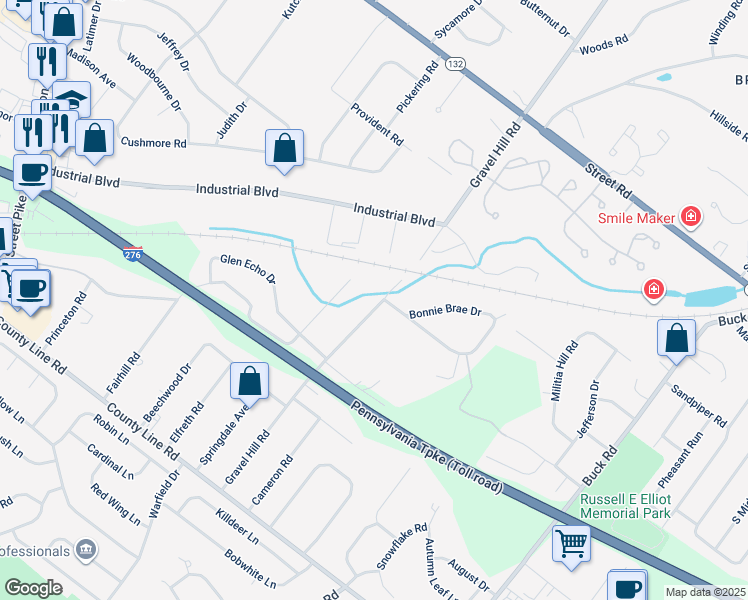 map of restaurants, bars, coffee shops, grocery stores, and more near 308 Gravel Hill Road in Bucks County