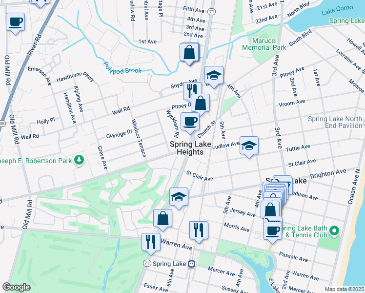 map of restaurants, bars, coffee shops, grocery stores, and more near 4 Wyckham Road in Spring Lake