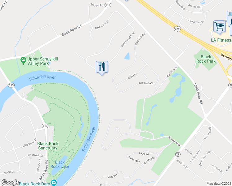 map of restaurants, bars, coffee shops, grocery stores, and more near 35 Goldfinch Circle in Phoenixville