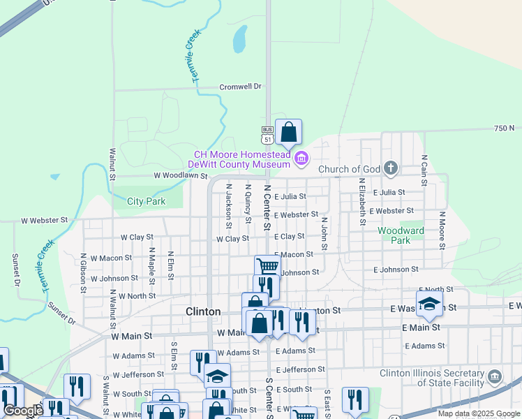 map of restaurants, bars, coffee shops, grocery stores, and more near 624 North Center Street in Clinton