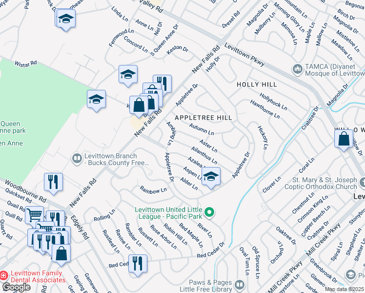 map of restaurants, bars, coffee shops, grocery stores, and more near 71 Ailanthus Lane in Levittown