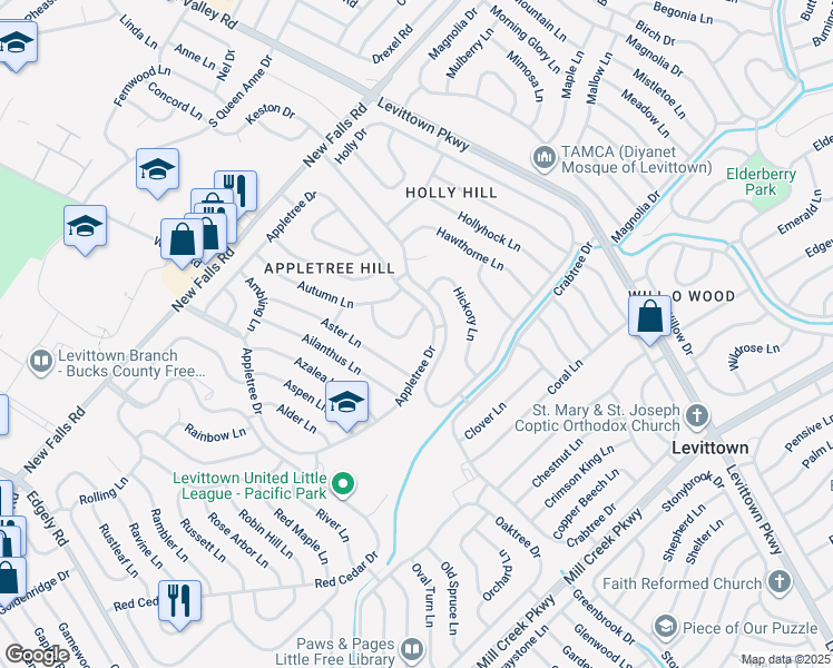 map of restaurants, bars, coffee shops, grocery stores, and more near 11 Arbor Lane in Levittown