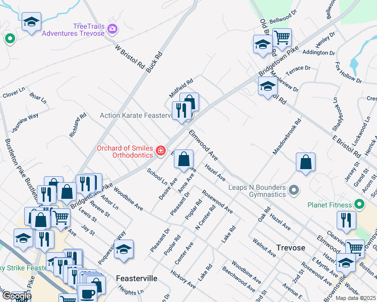 map of restaurants, bars, coffee shops, grocery stores, and more near 1727 Prospect Avenue in Feasterville