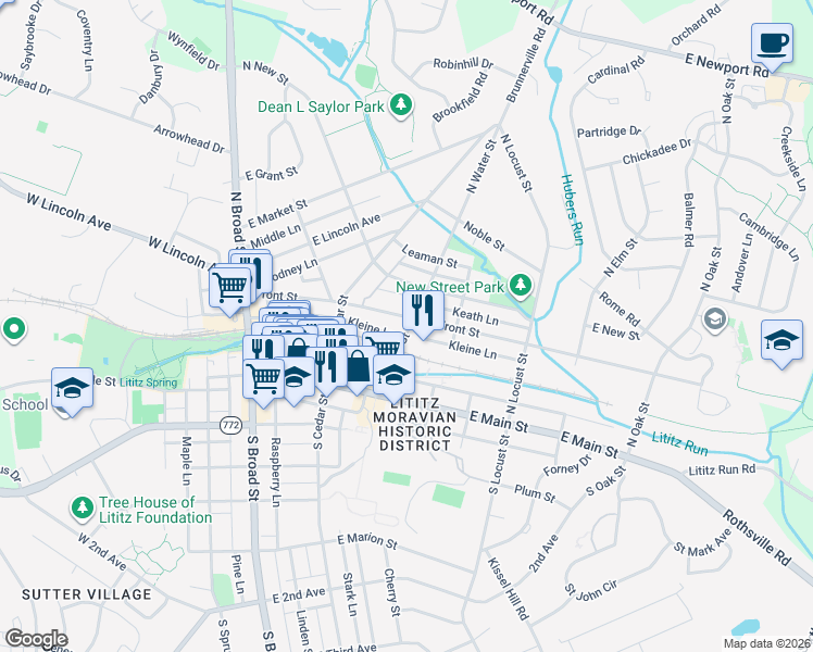 map of restaurants, bars, coffee shops, grocery stores, and more near 166 Front Street in Lititz