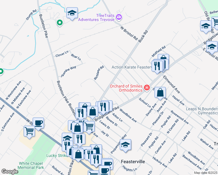 map of restaurants, bars, coffee shops, grocery stores, and more near 1519 Buck Road in Feasterville-Trevose