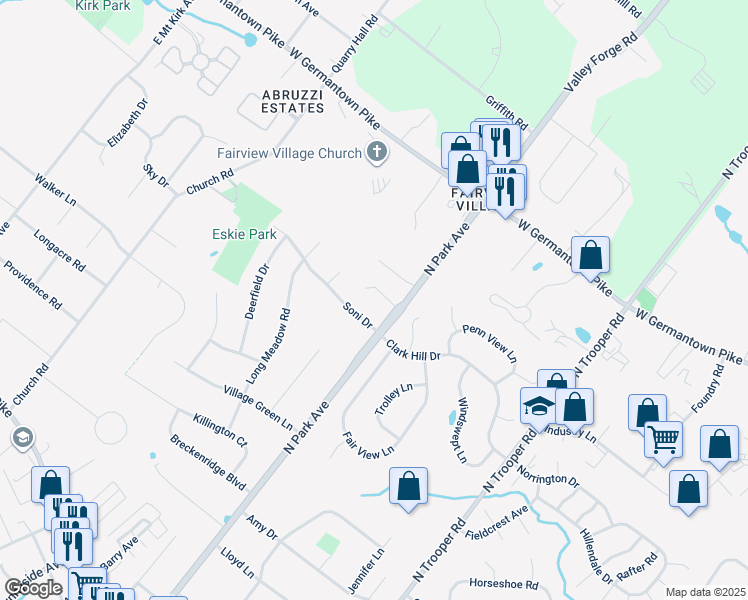 map of restaurants, bars, coffee shops, grocery stores, and more near 803 North Park Avenue in Norristown