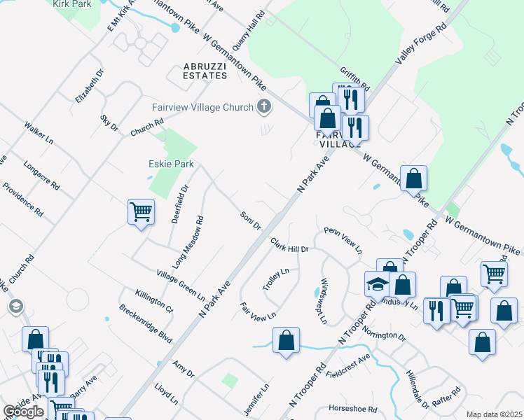 map of restaurants, bars, coffee shops, grocery stores, and more near 803 North Park Avenue in Norristown