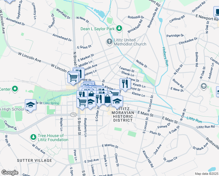 map of restaurants, bars, coffee shops, grocery stores, and more near Kleine Lane in Lititz