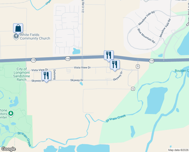 map of restaurants, bars, coffee shops, grocery stores, and more near 1567 Skyway Drive in Longmont