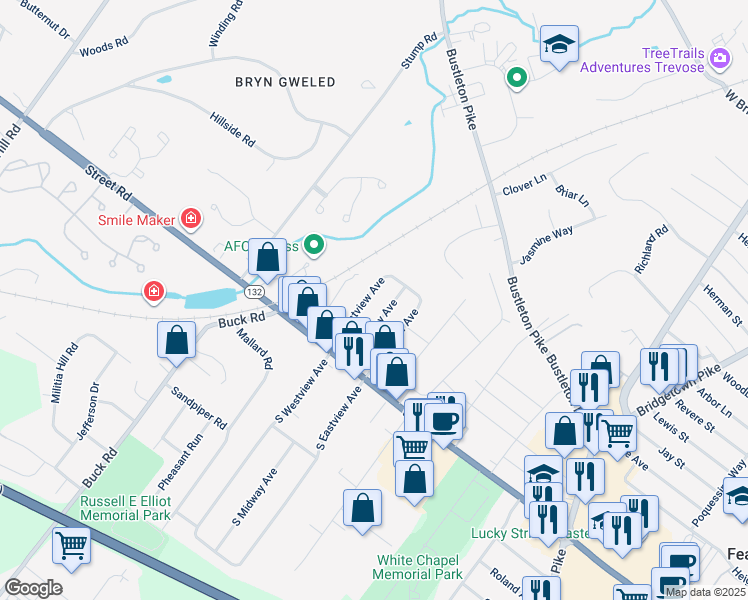 map of restaurants, bars, coffee shops, grocery stores, and more near 33 North Westview Avenue in Feasterville-Trevose