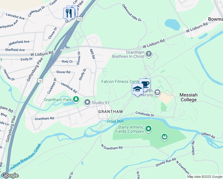 map of restaurants, bars, coffee shops, grocery stores, and more near 606 Grantham Road in Mechanicsburg