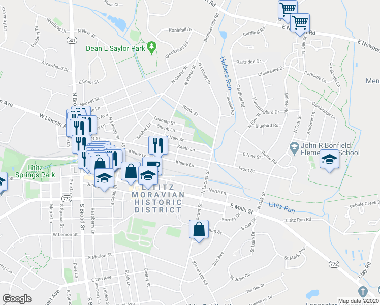 map of restaurants, bars, coffee shops, grocery stores, and more near 315 Front Street in Lititz