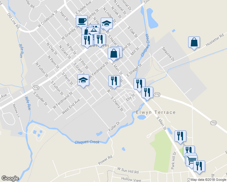map of restaurants, bars, coffee shops, grocery stores, and more near 202 South Charlotte Street in Manheim