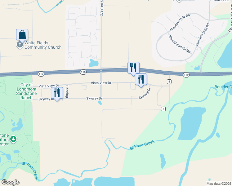 map of restaurants, bars, coffee shops, grocery stores, and more near 1567 Skyway Drive in Longmont
