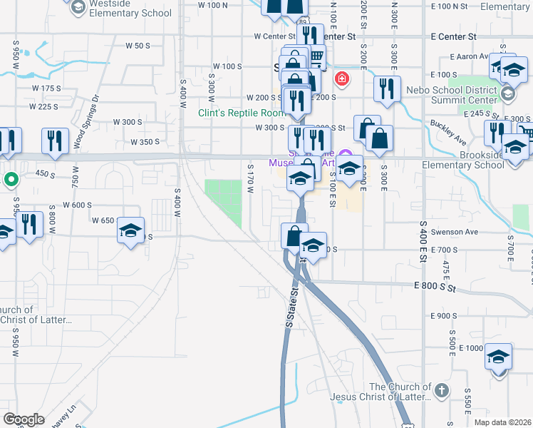 map of restaurants, bars, coffee shops, grocery stores, and more near 671 South 170 West in Springville
