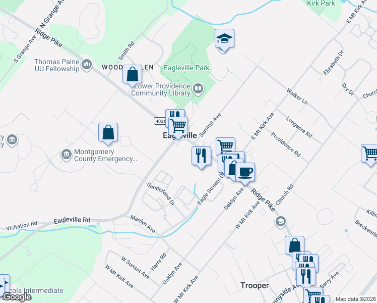 map of restaurants, bars, coffee shops, grocery stores, and more near 14 Eagleville Road in Eagleville