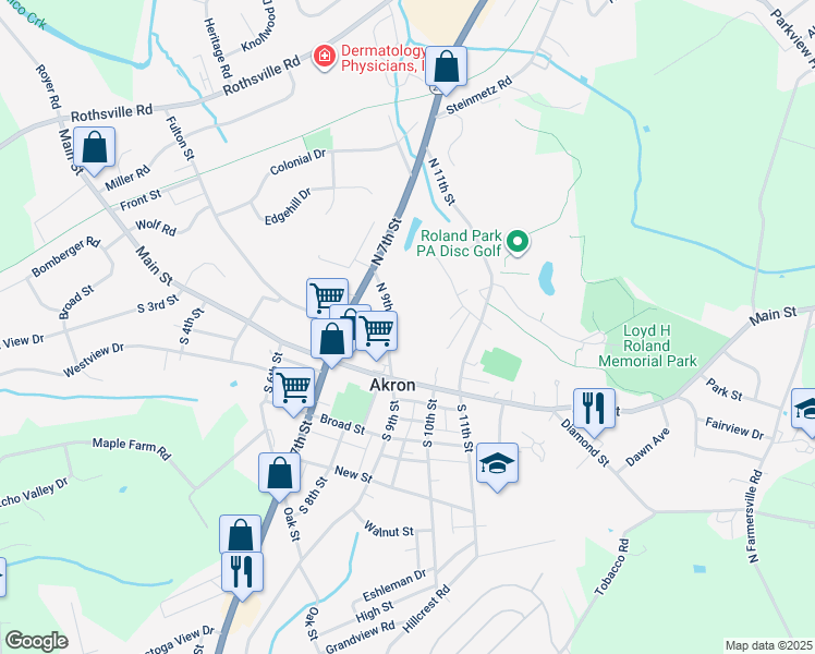map of restaurants, bars, coffee shops, grocery stores, and more near 105 North 9th Street in Akron