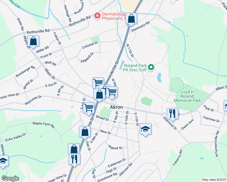 map of restaurants, bars, coffee shops, grocery stores, and more near 100 North 9th Street in Akron