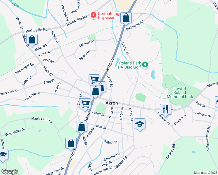 map of restaurants, bars, coffee shops, grocery stores, and more near 100 North 9th Street in Akron
