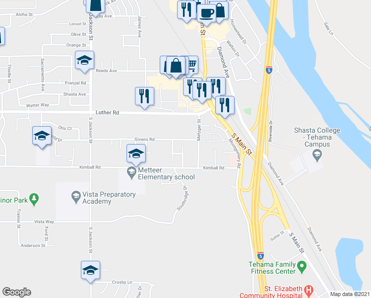 map of restaurants, bars, coffee shops, grocery stores, and more near 1355 Howard Court in Red Bluff