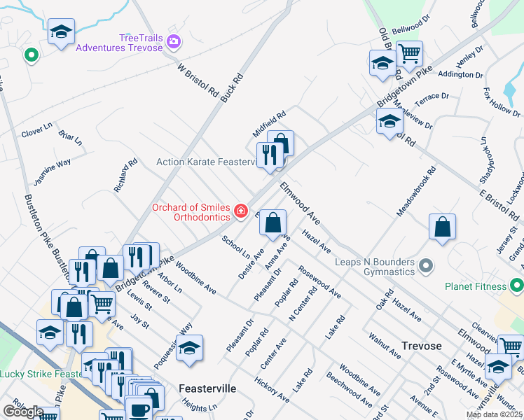 map of restaurants, bars, coffee shops, grocery stores, and more near 1721 Colonial Drive in Feasterville