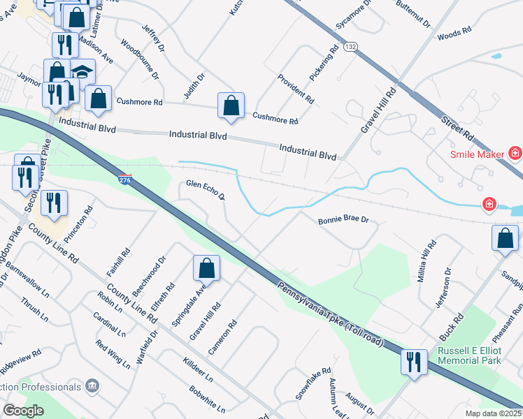 map of restaurants, bars, coffee shops, grocery stores, and more near 280 Casey Circle in Huntingdon Valley