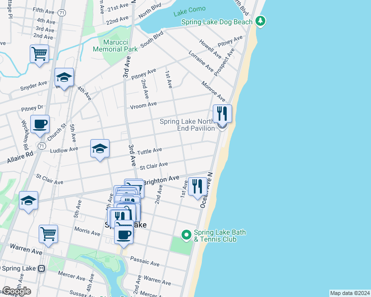 map of restaurants, bars, coffee shops, grocery stores, and more near 27 Tuttle Avenue in Spring Lake