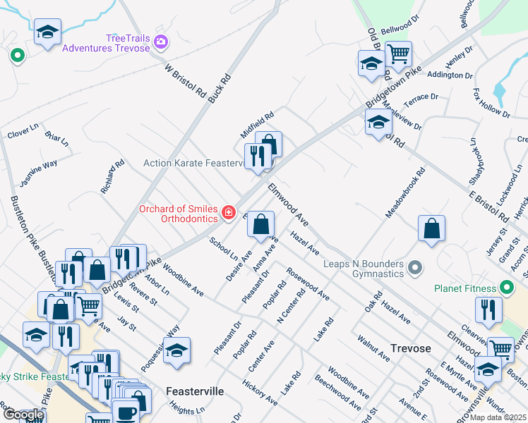 map of restaurants, bars, coffee shops, grocery stores, and more near 1745 Prospect Avenue in Feasterville-Trevose