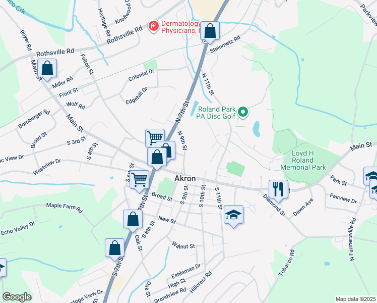 map of restaurants, bars, coffee shops, grocery stores, and more near 105 North 9th Street in Akron