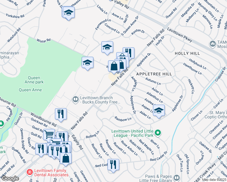 map of restaurants, bars, coffee shops, grocery stores, and more near 46 Rocky Pool Lane in Levittown