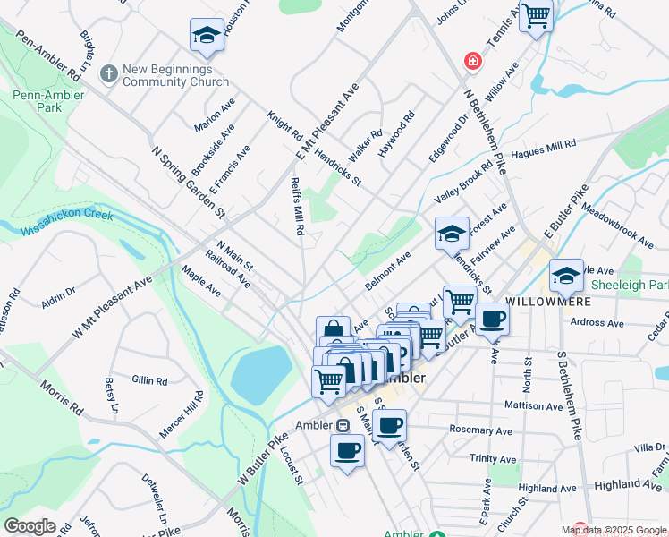 map of restaurants, bars, coffee shops, grocery stores, and more near 171 North Ridge Avenue in Ambler