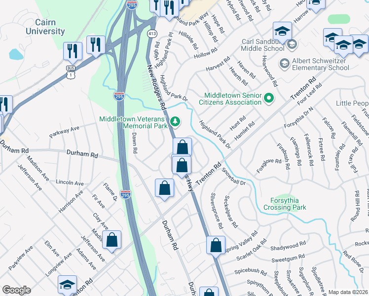 map of restaurants, bars, coffee shops, grocery stores, and more near 110 Deep Dale Drive East in Levittown
