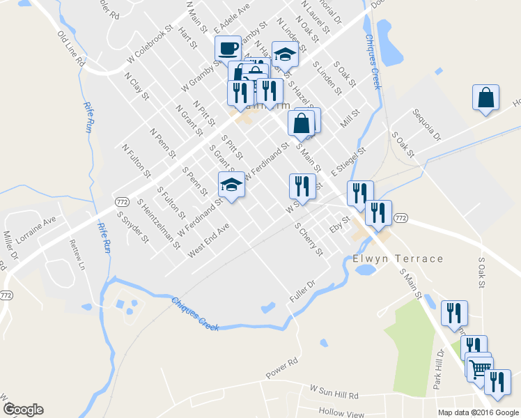 map of restaurants, bars, coffee shops, grocery stores, and more near 154 South Grant Street in Manheim