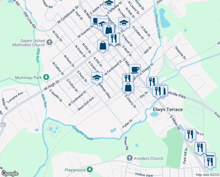 map of restaurants, bars, coffee shops, grocery stores, and more near 154 South Grant Street in Manheim