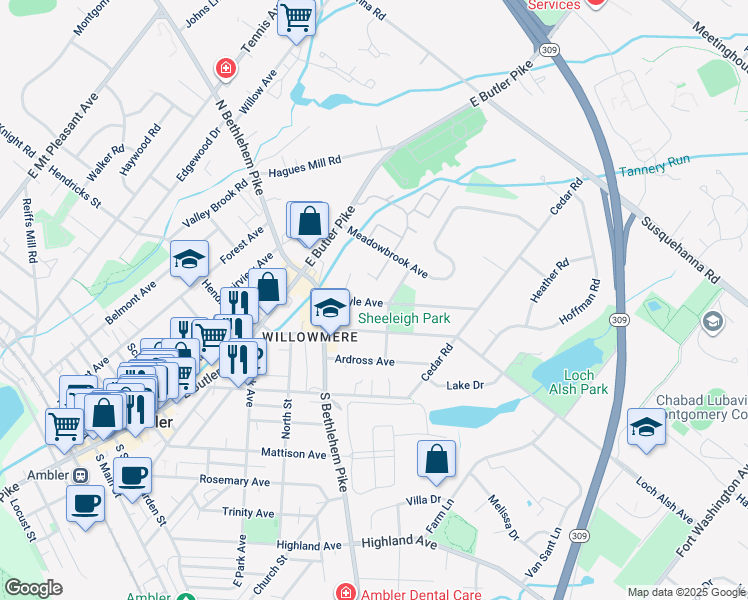 map of restaurants, bars, coffee shops, grocery stores, and more near 546 Argyle Avenue in Ambler