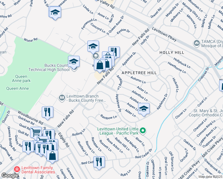 map of restaurants, bars, coffee shops, grocery stores, and more near 14 Appletree Drive in Levittown