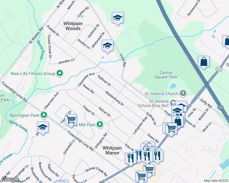 map of restaurants, bars, coffee shops, grocery stores, and more near 1610 Sullivan Drive in Blue Bell