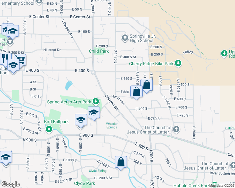 map of restaurants, bars, coffee shops, grocery stores, and more near 557 South 1470 East in Springville