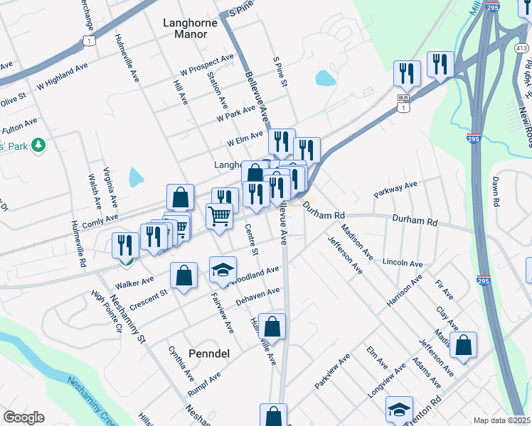 map of restaurants, bars, coffee shops, grocery stores, and more near 136 Lincoln Avenue in Penndel