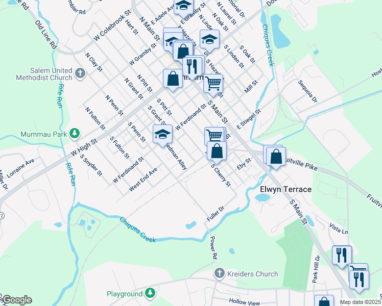 map of restaurants, bars, coffee shops, grocery stores, and more near 161 South Grant Street in Manheim