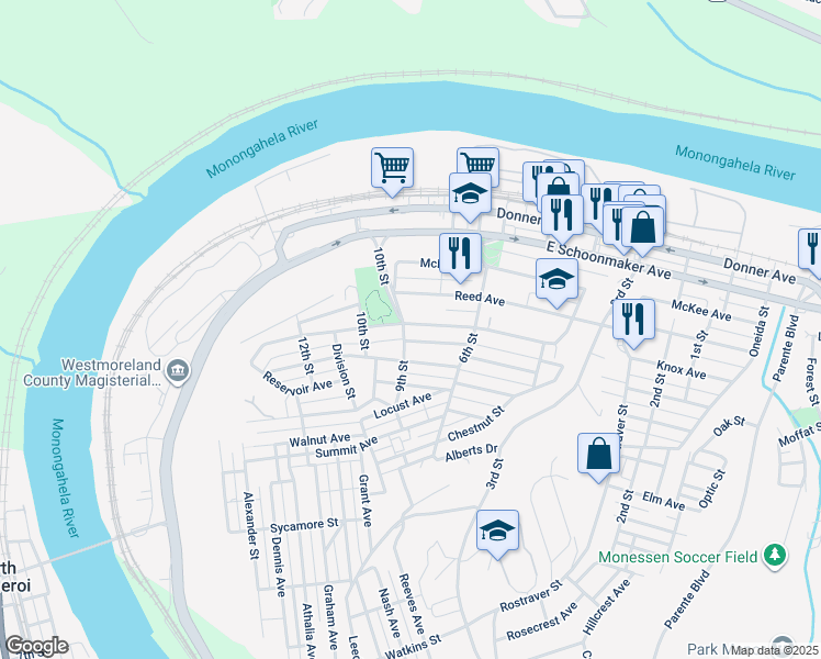 map of restaurants, bars, coffee shops, grocery stores, and more near 530 9th Street in Monessen