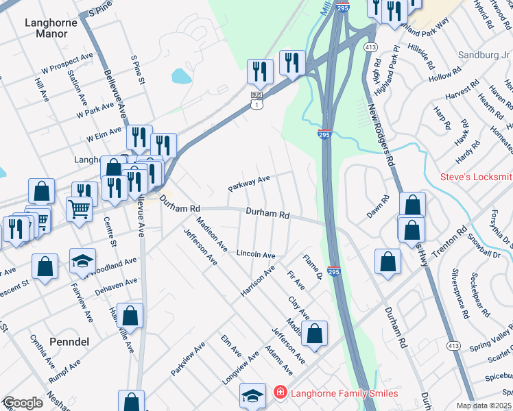 map of restaurants, bars, coffee shops, grocery stores, and more near 448 Durham Road in Langhorne