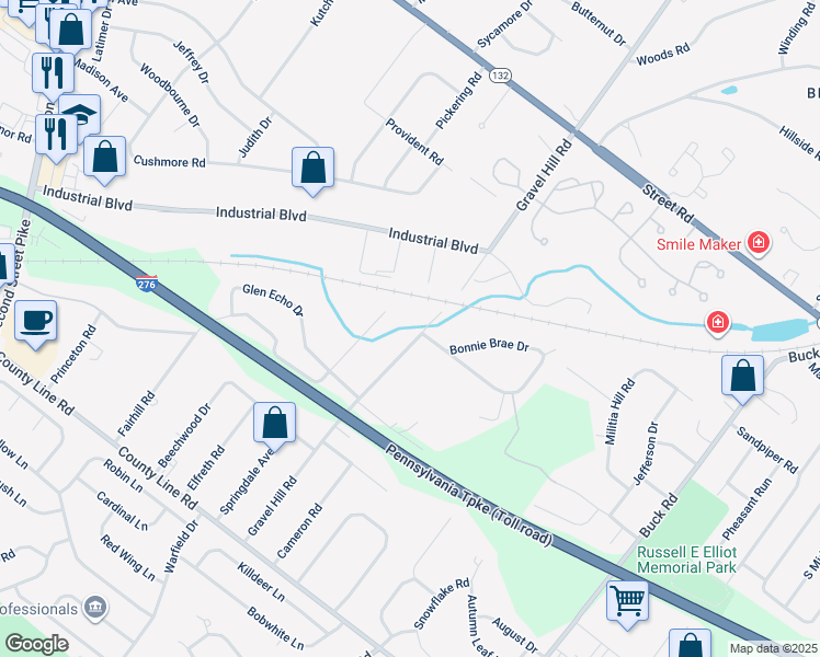 map of restaurants, bars, coffee shops, grocery stores, and more near 308 Gravel Hill Road in Bucks County