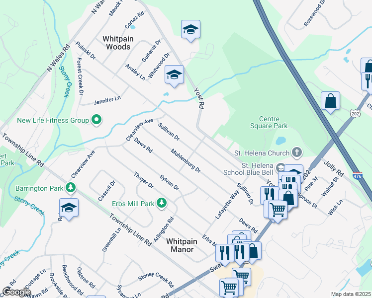 map of restaurants, bars, coffee shops, grocery stores, and more near 1610 Sullivan Drive in Blue Bell