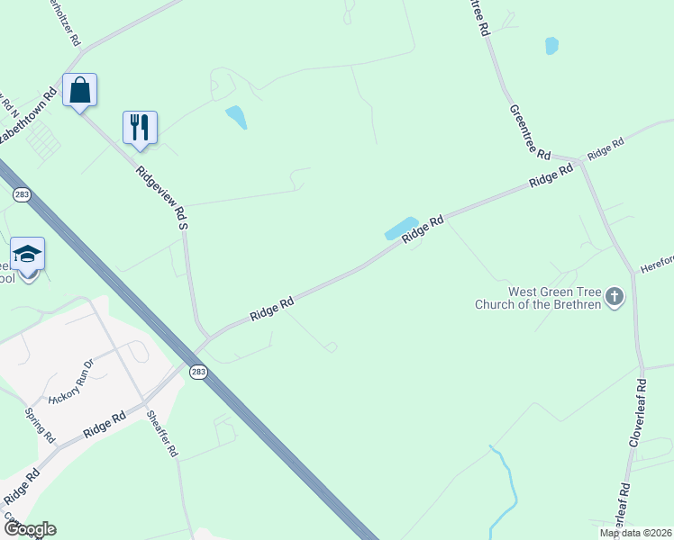 map of restaurants, bars, coffee shops, grocery stores, and more near 1510 Ridge Road in Elizabethtown
